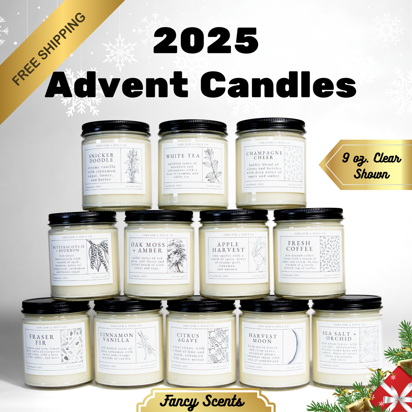 2025 Advent Candles Adult Advent Calendar 12 Days of Christmas 2025 12 Day Advent Gift Hard Poured Soy Wax Candles