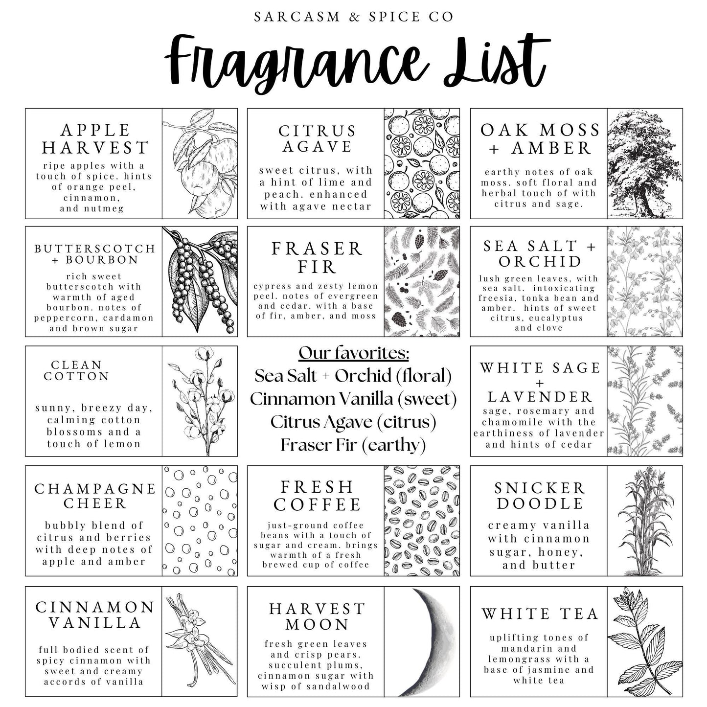 The image is a collection of various scents and ingredients, including apple harvest, citrus, oak moss, butterscotch, fern, sea salt, white cotton, white sage, champagne cheer, fresh coffee, snicker dooble, cinnamon vanilla, cinnamon moon, and white tea.
