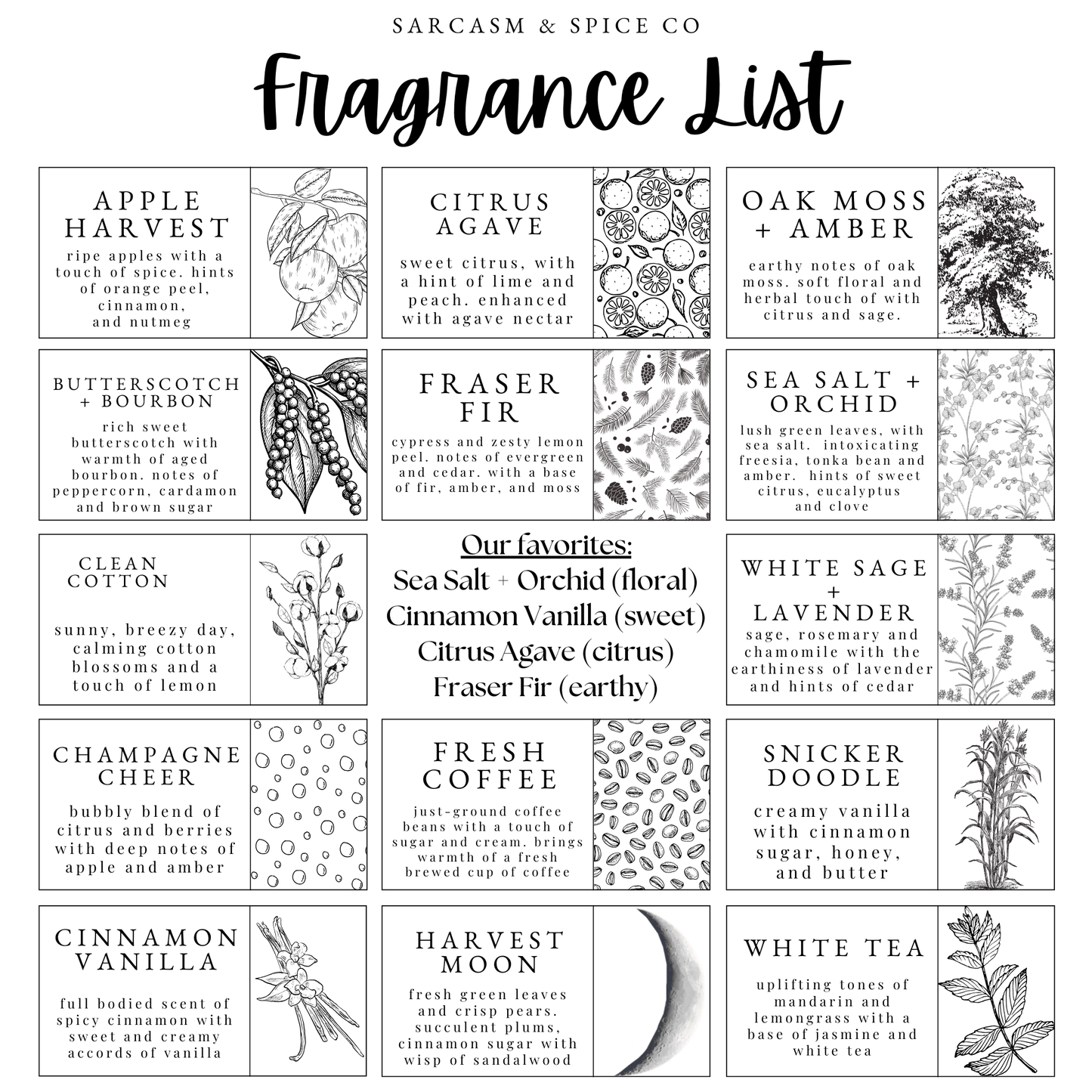 The image is a collection of various scents and ingredients, including apple harvest, citrus, oak moss, butterscotch, fern, sea salt, white cotton, white sage, champagne cheer, fresh coffee, snicker dooble, cinnamon vanilla, cinnamon moon, and white tea.