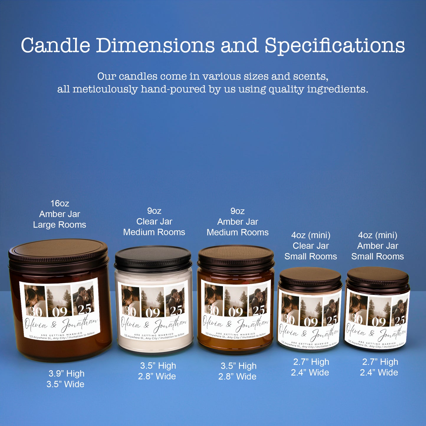 five different sizes of candles, each labeled with the candle size and corresponding description.