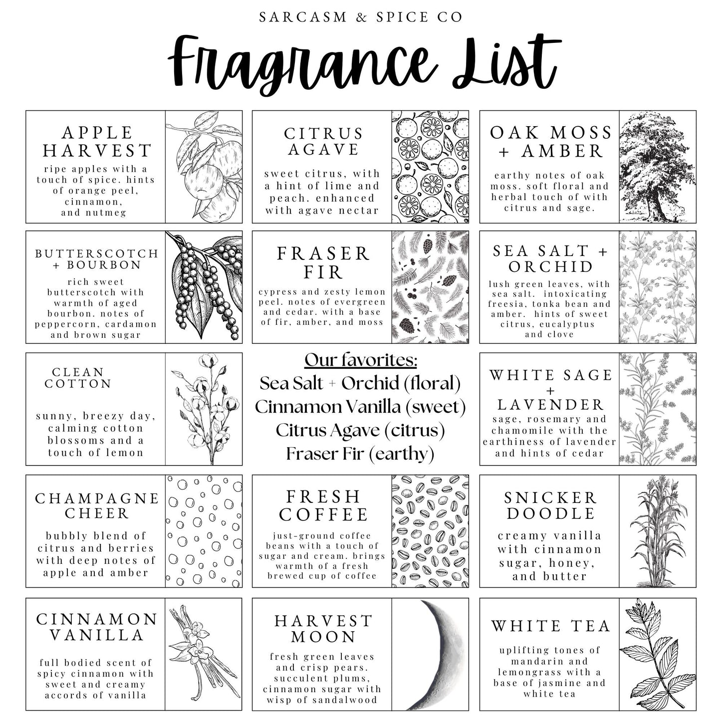 The image is a collection of various scents and ingredients, including apple harvest, citrus, oak moss, butterscotch, fern, sea salt, white cotton, white sage, champagne cheer, fresh coffee, snicker dooble, cinnamon vanilla, cinnamon moon, and white tea.