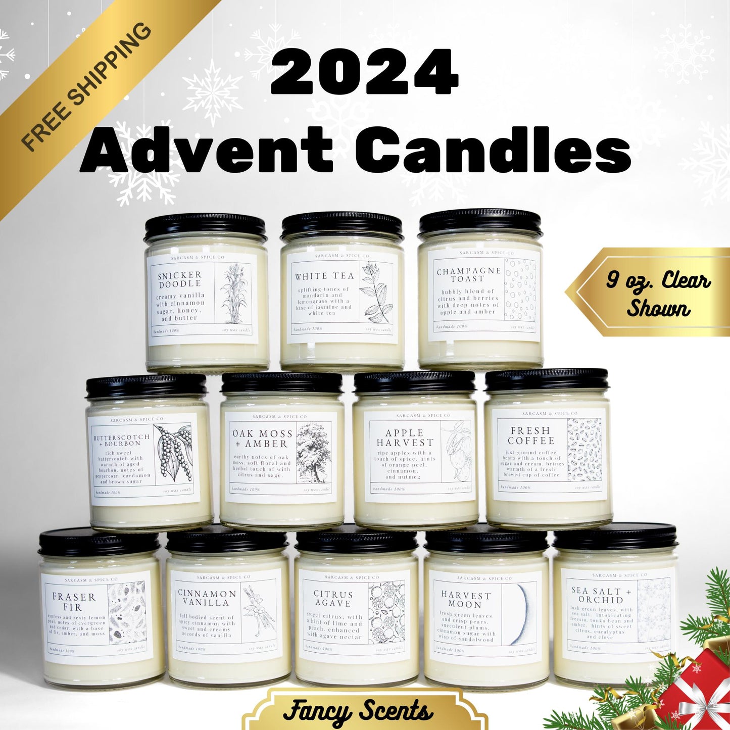 2024 Advent Candles Adult Advent Calendar 12 Days of Christmas 2024 12 Day Advent Gift Hard Poured Soy Wax Candles